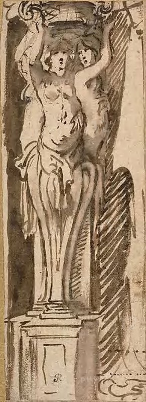 Three Caryatids Supporting a Basket, n.d., Unknown Flemish Artist, possibly Philip Fruytiers (Flemish, 1610-1666), or Jacob Jordaens (Flemish, 1593-1678), or Peter Paul Rubens (Flemish, 1577-1640), or Johann Boeckhorst (Flemish, 1605-1668), Flanders, Pen and brown ink, with brush and brown wash, on buff laid paper, laid down on cream laid card, 150 × 54 mm