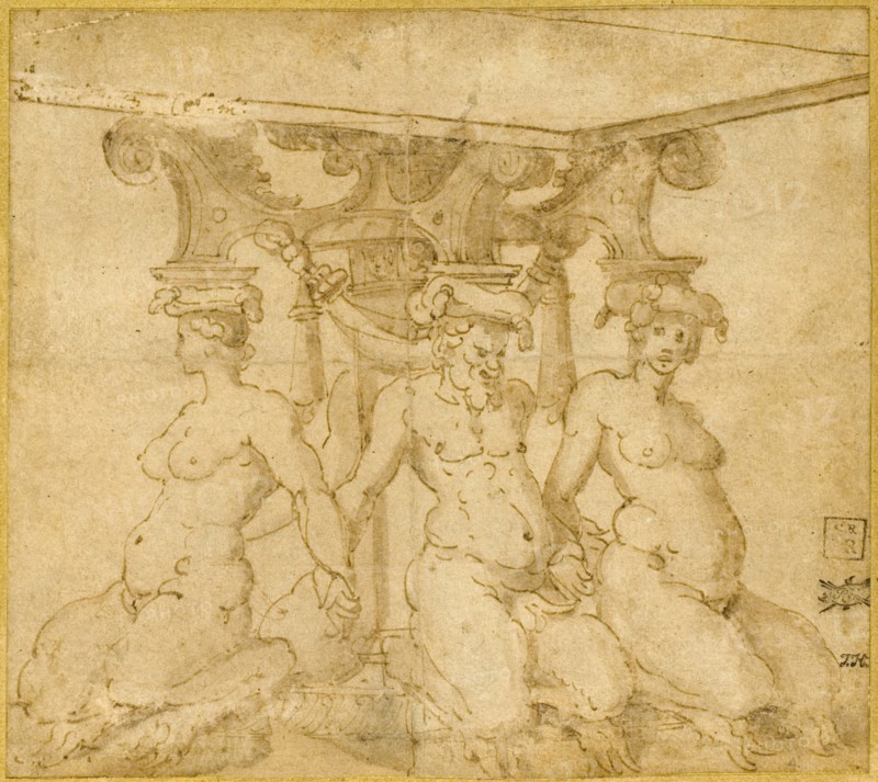 Design for an Ornamental Base with Kneeling Satyresses and Satyr, n.d., Circle of Marco Marchetti, called Marco da Faenza, Italian, c. 1526-1588, Italy, Pen and brown ink, with brush and brown wash, on tan laid paper, laid down on cream laid card, 160 x 179 mm (max.)
