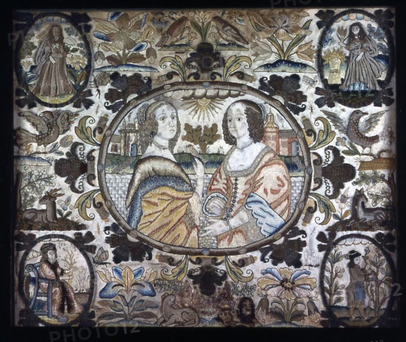 Needlework (Depicting the Four Seasons), c. 1660, England, Silk, satin weave, embroidered with linen, silk, silk-wrapped-metal purl, and gilt-metal purl in bullion, raised and detached, knotted and twisted buttonhole, crossed, raised stem filling and satin stitches, couching, laid work, buttonhole picots, French knots, and embroidered pile, seed pearls and mica, 50.8 × 59.8 cm (20 × 23 1/2 in.)