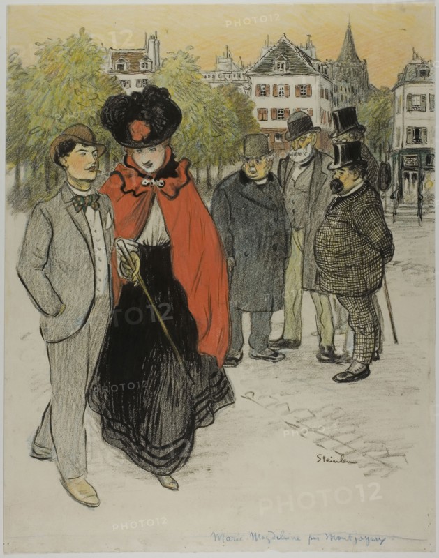 Gentleman Watching a Couple Promenading, c. 1895, Théophile-Alexandre Steinlen, French, born Switzerland, 1859-1923, France, Black and colored crayons, with brush and pen black ink, over incising on ivory wove paper, 517mm × 404mm