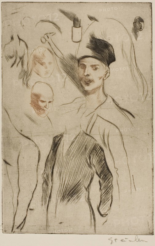Plate of Sketches, no. 2, 1898, Théophile-Alexandre Steinlen, French, born Switzerland, 1859-1923, France, Drypoint from a zinc plate printed à la poupée in black and red-brown on ivory laid paper, 231 × 151 mm (image/plate), 421 × 308 mm (sheet)