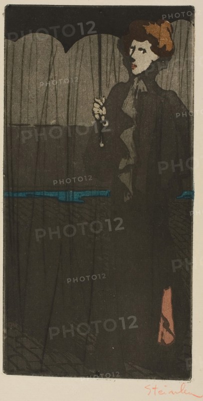 The Shower, 1898, Théophile-Alexandre Steinlen, French, born Switzerland, 1859-1923, France, Aquatint and drypoint from two zinc plates printed à la poupée in 6 colors (black, dark gray, medium gray, brown, blue and pink) on ivory laid paper, 241 × 122 mm (image/plate), 425 × 302 mm (sheet)