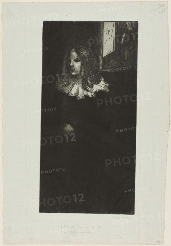 Young Girl with a White Collar, 1898, Théophile-Alexandre Steinlen, French, born Switzerland, 1859-1923, France, Etching and drypoint from a zinc plate in black on blue-green laid paper (accounting paper from a book), 290 × 143 mm (image/plate), 365 × 250 mm (sheet)