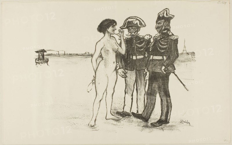 Truth and the Two Soldiers, 1891, Théophile-Alexandre Steinlen, French, born Switzerland, 1859-1923, France, Lithograph in black, with scraping on stone, on cream wove paper (paper appears laid but is machine-made wove), 240 × 310 mm (image), 272 × 432 mm (sheet)