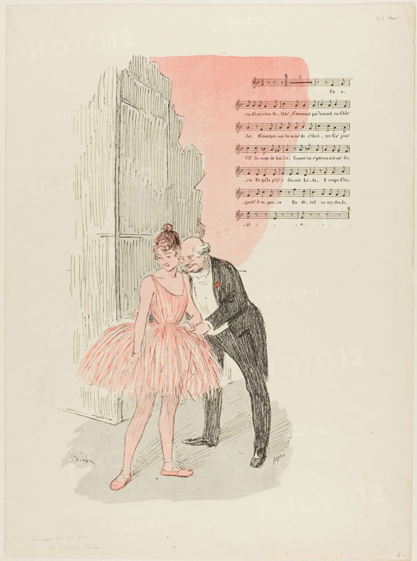 Leda and the Swan, published July 7, 1893, Théophile-Alexandre Steinlen, French, born Switzerland, 1859-1923, France, Photorelief print in red and black with letterpress music/lyrics on ivory wove paper, 340 × 223 mm (image), 420 × 310 mm (sheet)