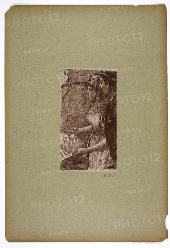 Singer Waiting, 1889–90, Georges-William Thornley (French, 1857-1935), after Edgar Degas (French, 1834-1917), printed by Atelier Becquet (French, 19th century), published by Boussod, Valadon, & Company (French, 18th-19th century), France, Lithograph on paper, 245 × 138 mm (image), 570 × 394 mm (sheet)