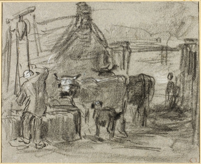 Farmyard with Man and Cattle, n.d., Constant Troyon, French, 1810-1865, France, Black chalk, heightened with touches of white chalk, on blue laid paper with pink and blue fibers, 197 × 240 mm