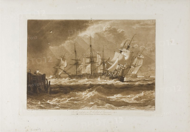 Ships in a Breeze, plate 10 from Liber Studiorum, published February 20, 1808, Joseph Mallord William Turner (English, 1775-1851), Engraved by Charles Turner (English, 1773-1857), England, Etching and engraving in brown on ivory laid paper, 181 × 257 mm (image), 206 × 289 mm (plate), 267 × 381 mm (sheet)