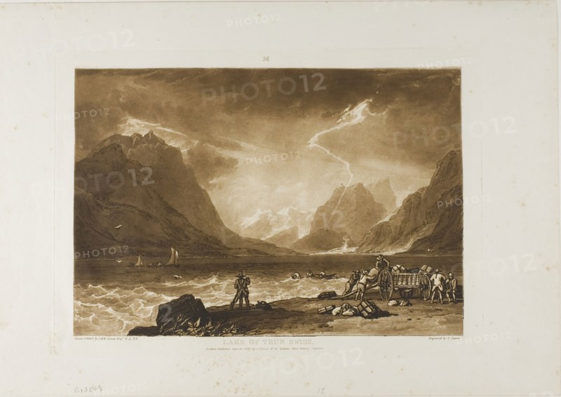 Lake of Thun, plate 15 from Liber Studiorum, published June 10, 1808, Joseph Mallord William Turner (English, 1775-1851), Engraved by Charles Turner (English, 1773-1857), England, Etching and engraving in brown on ivory laid paper, 180 × 264 mm (image), 208 × 290 mm (plate), 267 × 380 mm (sheet)