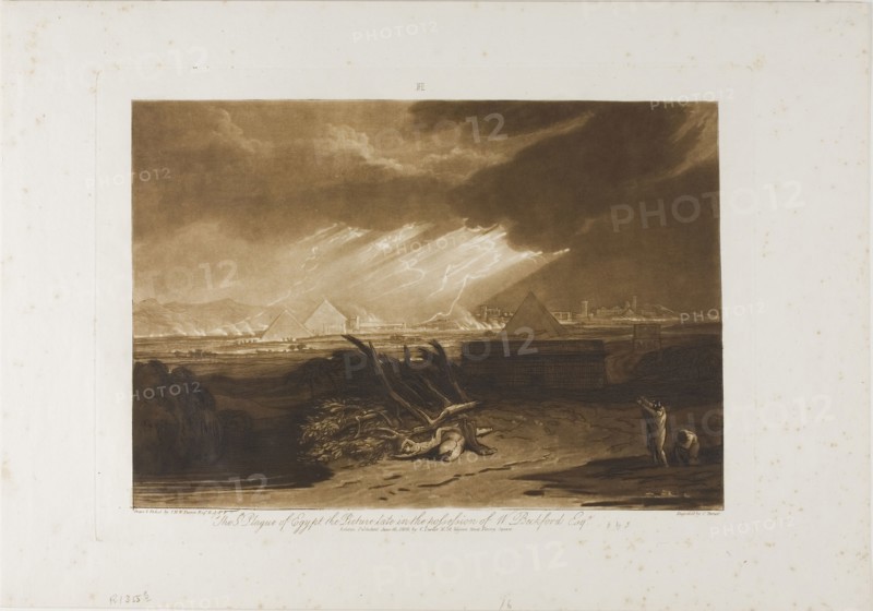 The Fifth Plague of Egypt, plate 16 from LIber Studiorum, published June 10, 1808, Joseph Mallord William Turner (English, 1775-1851), Engraved by Charles Turner (English, 1773-1857), England, Etching and engraving in brown on ivory laid paper, 179 × 259 mm (image), 207 × 290 mm (plate), 268 × 380 mm (sheet)