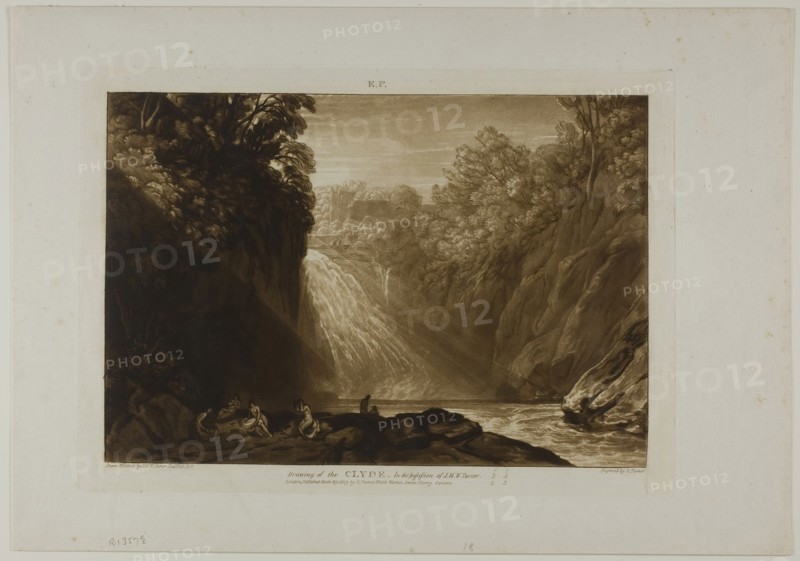 The Fall of the Clyde, plate 18 from Liber Studiorum, published March 29, 1809, Joseph Mallord William Turner (English, 1775-1851), Engraved by Charles Turner (English, 1773-1857), England, Etching and engraving on ivory paper, laid down on ivory paper, 181 × 265 mm (image), 209 × 291 mm (plate), 267 × 381 mm (sheet)