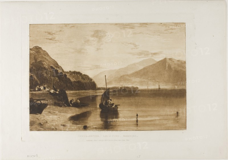 Inverary Pier Loch Fyne, Morning, published June 1, 1811, Joseph Mallord William Turner, English, 1775-1851, England, Etching and aquatint in brown on ivory laid paper, 180 × 264 mm (image), 216 × 293 mm (plate), 266 × 382 mm (sheet)