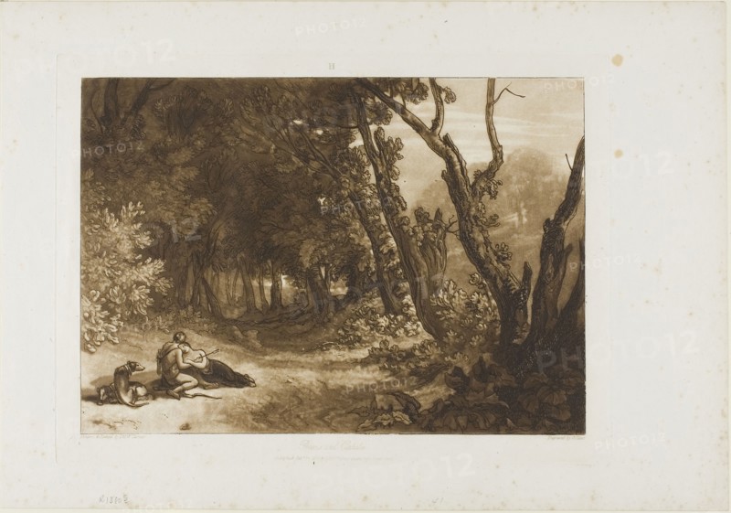 Procris and Cephalus, plate 41 from Liber Studiorum, published February 14, 1812, Joseph Mallord William Turner (English, 1775-1851), Engraved by G. Clint (1770-1854), England, Etching and engraving in brown on off-white wove paper, 186 × 265 mm (image), 216 × 292 mm (plate), 296 × 443 mm (sheet)