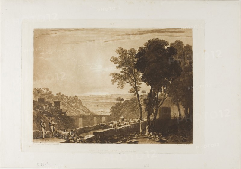 The Bridge and Goats, plate 43 from LIber Studiorum, published April 23, 1812, Joseph Mallord William Turner (English, 1775-1851), Engraved by Fredrick Christian Lewis (English, 1779-1856), England, Etching and engraving in brown on ivory laid paper, 181 × 254 mm (image), 210 × 292 mm (plate), 266 × 383 mm (sheet)