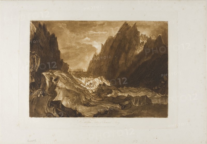 Mer de Glace, plate 50 from Liber Studiorum, published May 23, 1812, Joseph Mallord William Turner, English, 1775-1851, England, Etching and engraving in brown on ivory laid paper, 180 × 258 mm (image), 220 × 295 mm (plate), 266 × 382 mm (sheet)