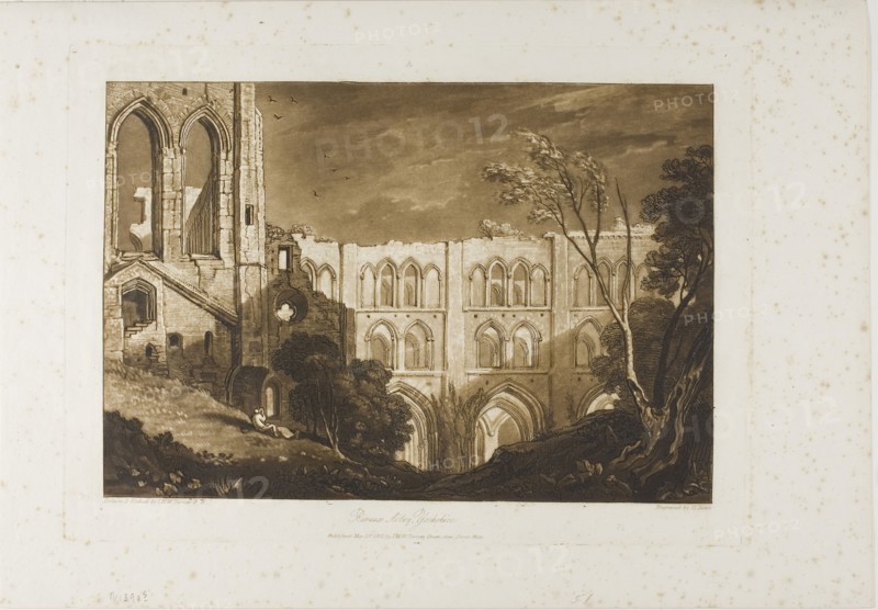 Rivaux Abbey, plate 51 from Liber Studiorum, published May 23, 1812, Joseph Mallord William Turner (English, 1775-1851), Engraved by H. Dawe, England, Etching and engraving in brown on ivory laid paper, 182 × 268 mm (image), 220 × 300 mm (plate), 268 × 382 mm (sheet)