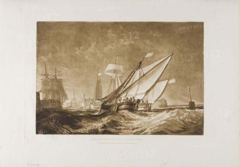 Entrance of Calais Harbour, plate 55 from Liber Studiorum, published January 1, 1816, Joseph Mallord William Turner, English, 1775-1851, England, Etching and engraving in brown on ivory laid paper, 180 × 268 mm (image), 217 × 305 mm (plate), 266 × 382 mm (sheet)