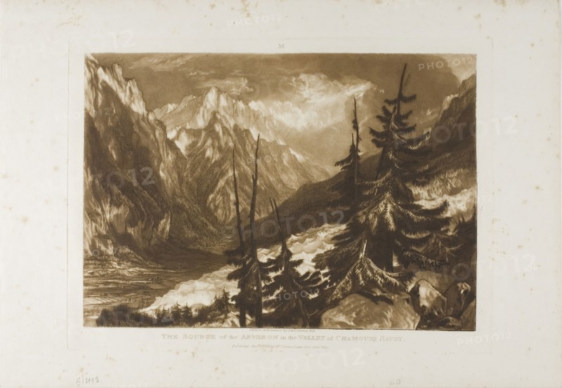 The Source of the Arveron, plate 60 from Liber Studiorum, published January 1, 1816, Joseph Mallord William Turner, English, 1775-1851, England, Etching and engraving in brown on ivory laid paper, 188 × 269 mm (image), 256 × 292 mm (plate), 268 × 388 mm (sheet)