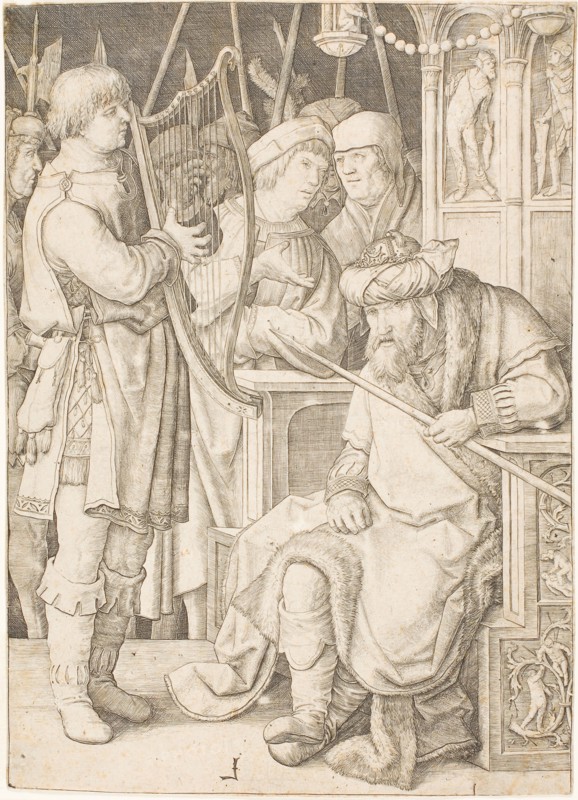 David Playing the Harp Before Saul, c. 1508, Lucas van Leyden, Netherlandish, c. 1494-1533, Netherlands, Engraving in black on cream laid paper, 255 mm x 185 mm (image/sheet, trimmd within plate mark)