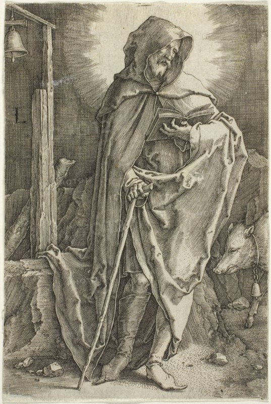 Saint Anthony, c. 1521, Lucas van Leyden, Netherlandish, c. 1494-1533, Netherlands, Engraving in black on ivory laid paper, 113 x 75 mm (image/sheet, trimmed within plate mark)
