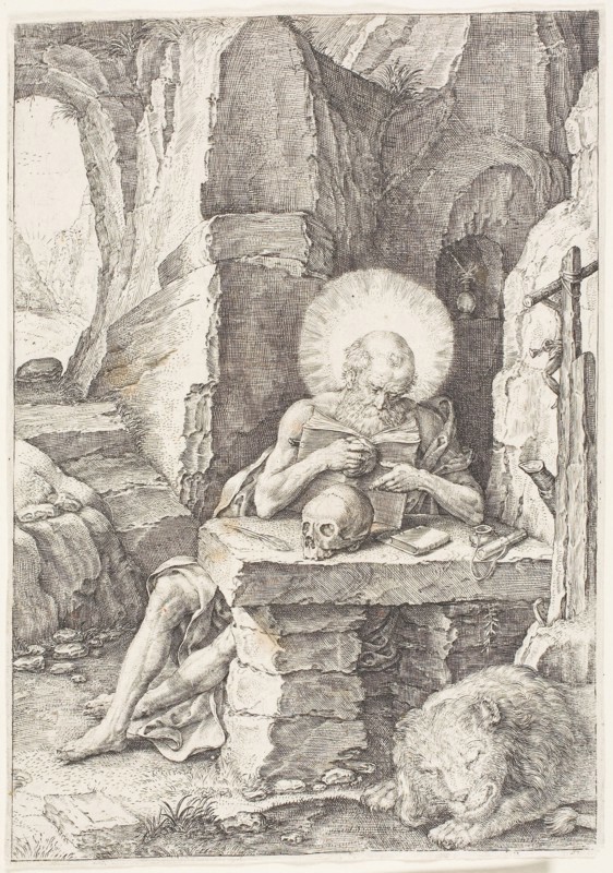 Saint Jerome, 1500/99, Raphael de Mey, German, active 16th century, in imitation of, Lucas van Leyden, Netherlandish, c. 1494-1533, Netherlands, Engraving in black on ivory laid paper, 193 x 134 mm (image), 195 x 137 mm (sheet, trimmed within plate mark)