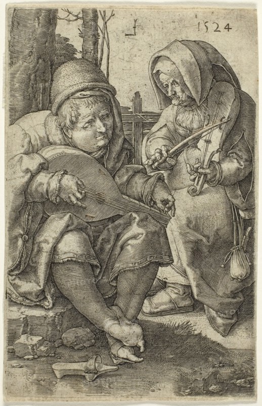 The Musicians, 1524, Lucas van Leyden, Netherlandish, c. 1494-1533, Netherlands, Engraving in black on cream laid paper, 117 x 75 mm (image/plate), 119 x 77 mm (sheet)
