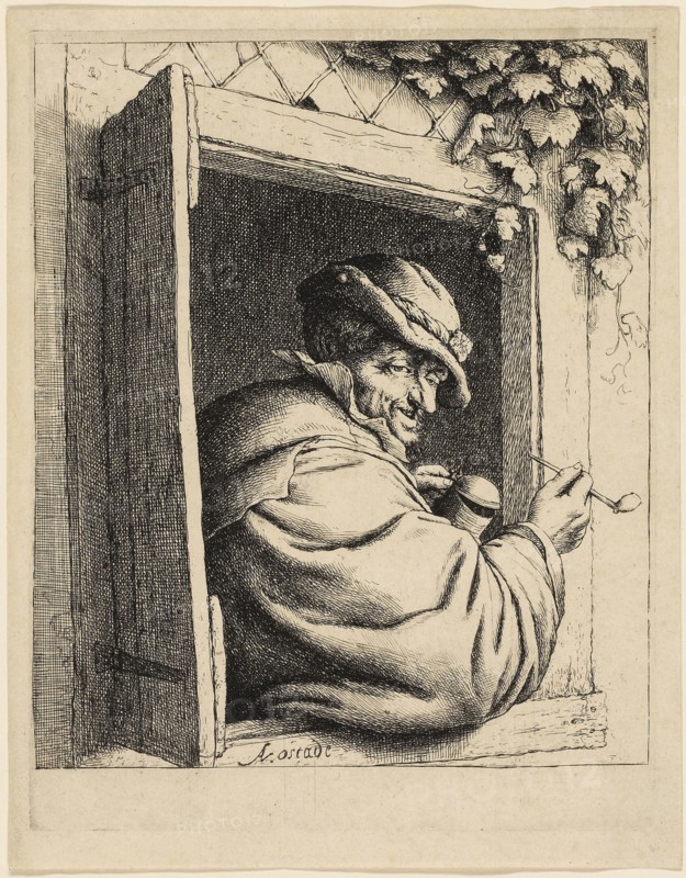 The Smoker at the Window, 1648/50, Adriaen van Ostade, Dutch, 1610-1685, Holland, Etching in black on cream laid paper, 180 x 152 mm (image), 198 x 155 mm (plate), 213 x 167 mm (sheet)