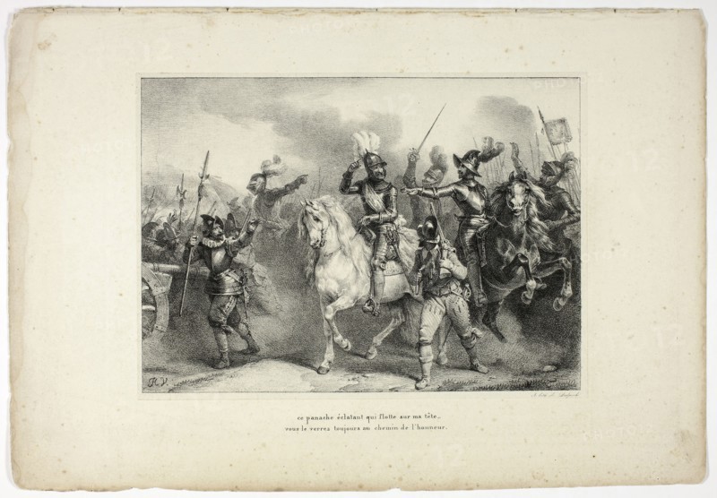 ce panache éclatant qui flotte sur ma tête…, 1825, Horace Vernet (French, 1789-1863), poem by Voltaire (French, 1694-1778), printed by Francois Seraphin Delpech (French, 1778-1825), published by Dubois (French, 18th-19th century), France, Lithograph in black on ivory chine, laid down on ivory wove paper (chine collé), 188 × 263 mm (image), 196 × 271 mm (primary support), 290 × 420 mm (secondary support)