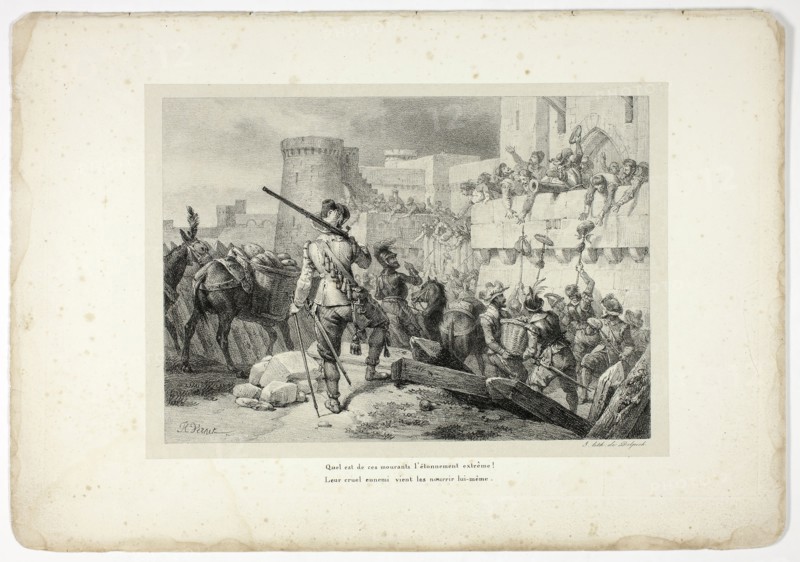 Quel est de ces mourants l’étonnement extrême…, 1825, Horace Vernet (French, 1789-1863), poem by Voltaire (French, 1694-1778), printed by Francois Seraphin Delpech (French, 1778-1825), published by Dubois (French, 18th-19th century), France, Lithograph in black on gray chine, laid down on ivory wove paper (chine collé), 185 × 262 mm (image), 201 × 281 mm (primary support), 290 × 418 mm (secondary support)