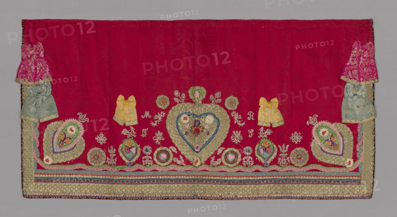 Altar Frontal, 19th century, Germany, Bavaria, Bayern, Silk and metal threads, lace, sequins, rosettes, and beads, damask weave, embroidered, 79 × 161.6 cm (31 1/8 × 63 5/8 in.)