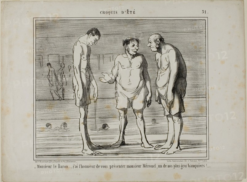 Baron, I have the honor of introducing you to Mr. Mérouel, one of our biggest bankers…, Baron, I have the honor of introducing you to Mr. Cascaret, one of our biggest shareholders, plate 31 from Croquis D’été, 1858, Honoré Victorin Daumier, French, 1808-1879, France, Lithograph in black on ivory wove paper, 200 × 249 mm (image), 265 × 357 mm (sheet)