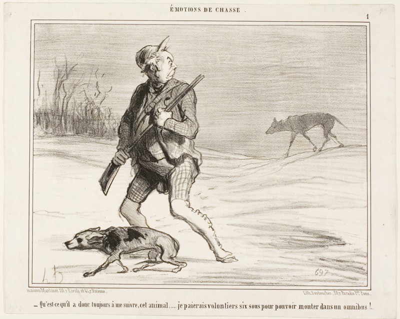 - I wonder why this beast is following me all the time… I’ll happily be paying 6 sous to jump on a bus, plate 1 from Émotions De Chasse, 1854, Honoré Victorin Daumier, French, 1808-1879, France, Lithograph in black on white wove paper, 213 × 261 mm (image), 246 × 304 mm (sheet)