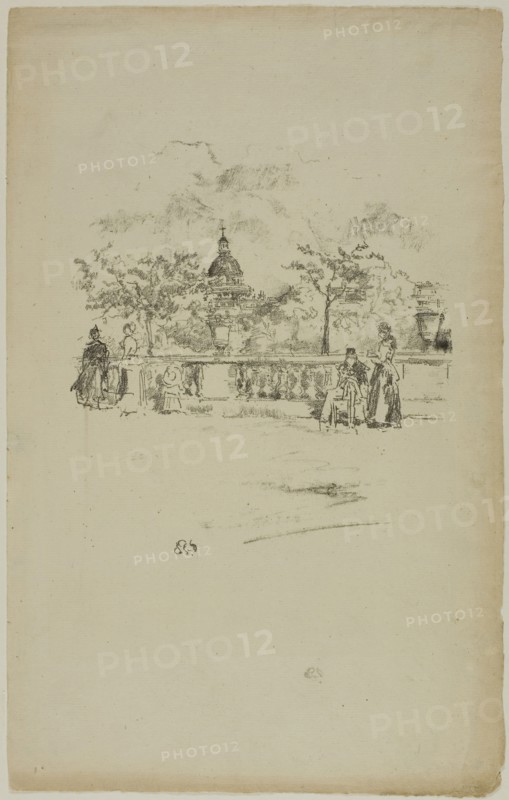 The Pantheon, from the Terrace of the Luxembourg Gardens, 1893, James McNeill Whistler, American, 1834-1903, United States, Transfer lithograph in black with stumping, on cream laid paper, 182 x 160 mm (image), 331 x 210 mm (sheet)