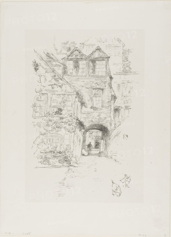 The Priest’s House, Rouen, 1894/95, James McNeill Whistler, American, 1834-1903, United States, Transfer lithograph in black with stumping and scraping, on off-white chine, laid down on white plate paper, 241 x 160 mm (image), 255 x 176 mm (primary support), 345 x 251 mm (secondary support)