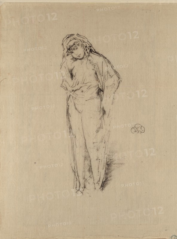 Draped Figure, Standing, 1891, James McNeill Whistler, American, 1834-1903, United States, Transfer lithograph in dark gray on cream Japanese paper, 219 x 112 mm (image), 319 x 267 mm (sheet)