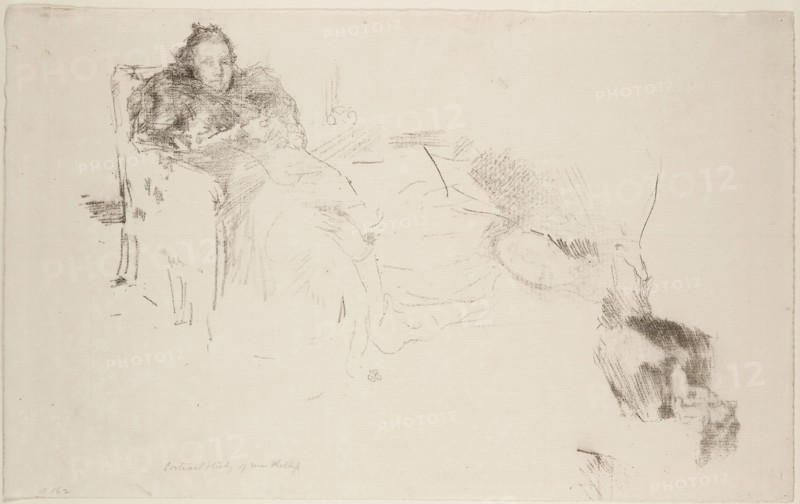 Portrait Study: Mrs. Philip, No. 4 [Studies of the Philips], 1897, James McNeill Whistler, American, 1834-1903, United States, Transfer lithograph in black, printed over counterproof of lithograph in black, on ivory laid paper, 157 x 124 mm (image), 220 x 298 mm (with counterproof and unfinished sketch), 220 x 355 mm (sheet)