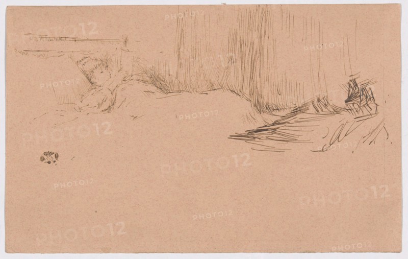 Girl Reading in Bed, c. 1882, James McNeill Whistler, American, 1834-1903, United States, Pen and brown ink with traces of graphite on pink wove paper, 113 x 180 mm