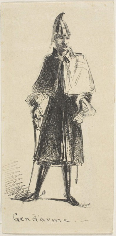 Gendarme, 1855, James McNeill Whistler, American, 1834-1903, United States, Pen and black ink over graphite on cream wove paper, 132 x 65 mm