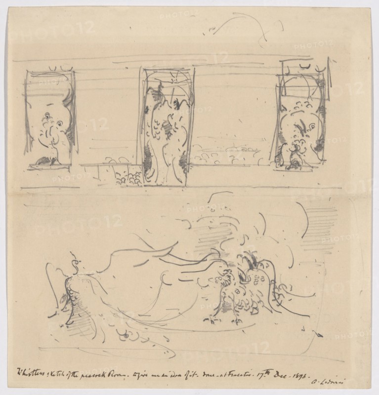 Sketch of the Peacock Room, 1898, James McNeill Whistler, American, 1834-1903, United States, Graphite (recto) on cream wove paper with printed text in black ink (verso), 188 x 178 mm