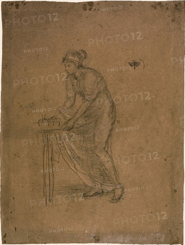Draped Model with Small Table, 1866/69, James McNeill Whistler, American, 1834-1903, United States, Charcoal with touches of white chalk on brown wove paper laid down on ivory board, 367 x 275 mm