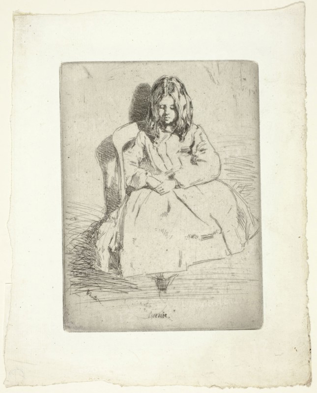 Annie, Seated, 1858/59, James McNeill Whistler, American, 1834-1903, United States, Etching and drypoint with foul biting in dark gray ink on ivory laid paper, 130 x 97 mm (plate), 185 x 149 mm (sheet), Mummy Mask, 200/1 B.C., Paracas, Peru, south coast, Ica Valley, Ocucaje, Peru, 34.3 × 38.1 cm  (13 1/2 × 15 in.)