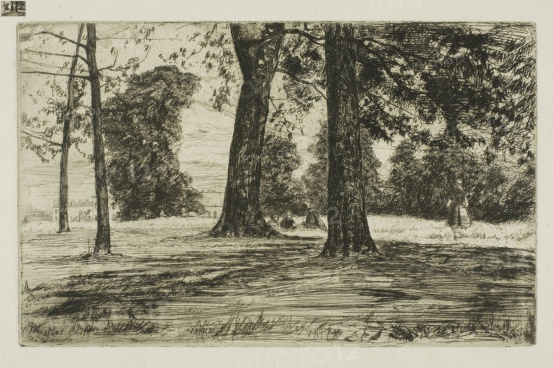 Greenwich Park, 1859, James McNeill Whistler, American, 1834-1903, United States, Etching and drypoint with foul biting in black ink on ivory laid paper, 128 x 205 mm (plate), 198 x 316 mm (sheet)