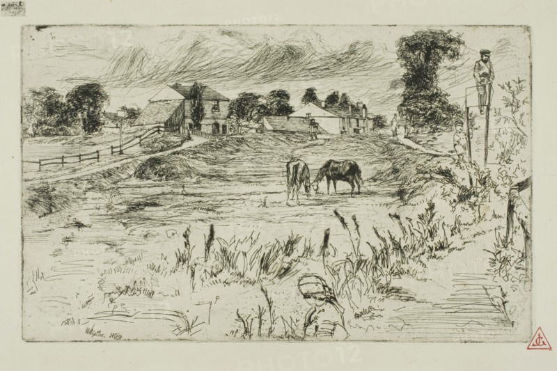 Landscape with Horses, 1859, James McNeill Whistler, American, 1834-1903, United States, Etching and drypoint with foul biting in black ink on cream laid paper, 126 x 203 mm (plate), 207 x 305 mm (sheet)
