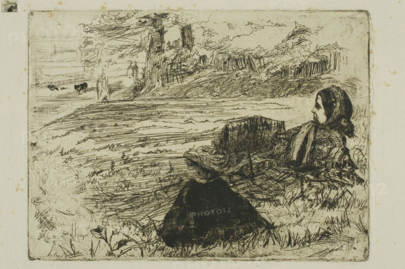 Nursemaid and Child, 1859, James McNeill Whistler, American, 1834-1903, United States, Etching with foul biting in black ink on ivory laid paper, 97 x 132 mm (plate), 196 x 308 mm (sheet)