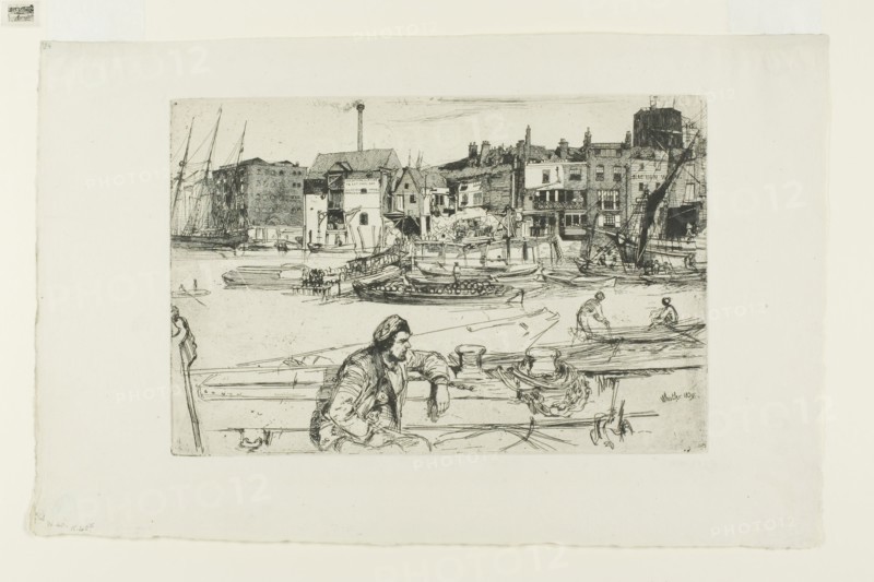 Black Lion Wharf, from A Series of Sixteen Etchings of Scenes on the Thames (the Thames Set), 1859, published 1871, James McNeill Whistler, American, 1834-1903, United States, Etching with foul biting in black on off-white laid paper, 151 x 227 mm (plate), 216 x 333 mm (sheet)