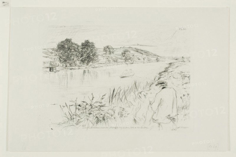 Sketching, 1861, James McNeill Whistler, American, 1834-1903, United States, Etching and drypoint with foul biting in black ink on ivory wove paper, 120 x 166 mm (plate), 135 x 235 mm (sheet)