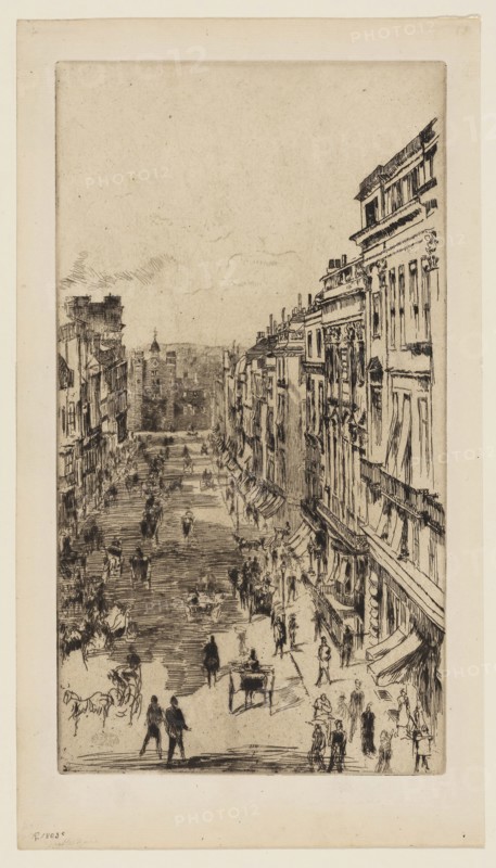 St. James’s Street, 1878, James McNeill Whistler, American, 1834-1903, United States, Etching in black ink on ivory laid paper, 278 x 152 mm (plate), 322 x 181 mm (sheet)