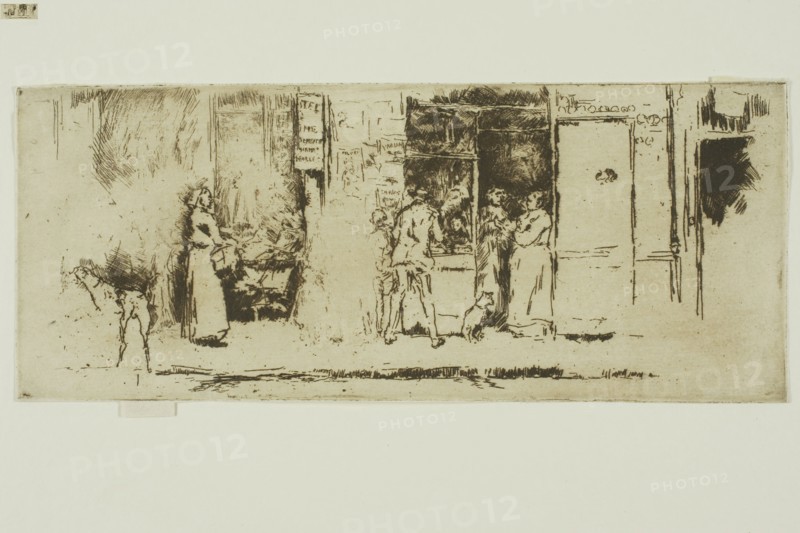 Newspaper-Stall, Rue de Seine, 1893, James McNeill Whistler, American, 1834-1903, United States, Etching with foul biting in dark brown ink on buff laid paper, 82 x 200 mm (image, trimmed within plate mark), 86 x 200 mm (sheet)