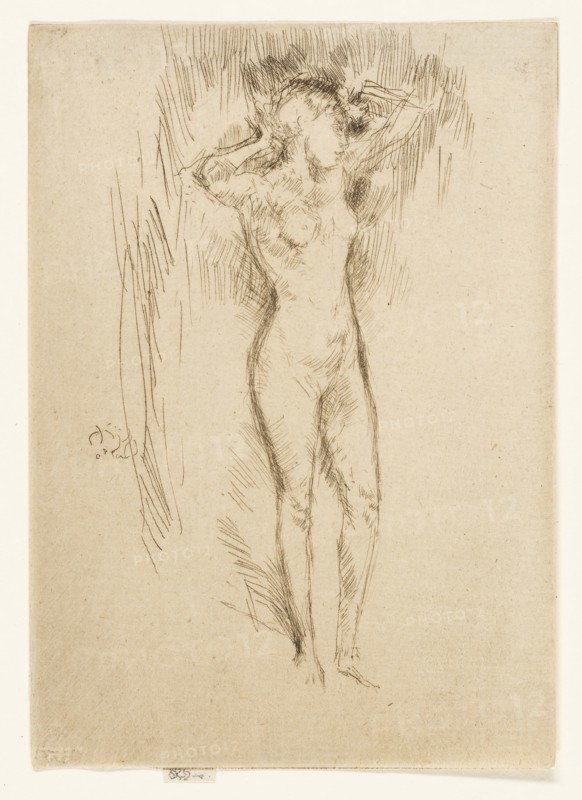 Binding the Hair, 1887, James McNeill Whistler, American, 1834-1903, United States, Etching with drypoint in black ink on cream laid paper, 133 x 95 mm (image, trimmed within plate mark), 136 x 95 mm (sheet)