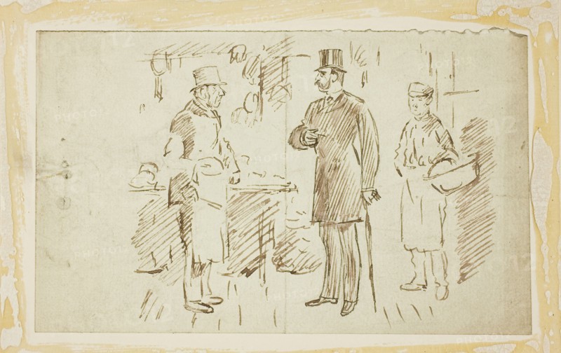 Gent in Tall Hat Addressing Butcher, n.d., Charles Keene, English, 1823-1891, England, Pen and brown ink, with brush and brown wash, over traces of black chalk, on gray laid paper, laid down on ivory wove card, 113 × 184 mm